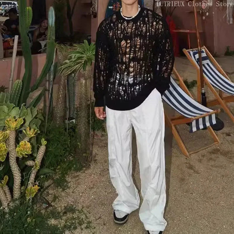 【 Fashion Items 】 Men's Laid-back Style Openwork Long-sleeved T-shirt , See-through Tattered Style Long-sleeved Knitted Sweater