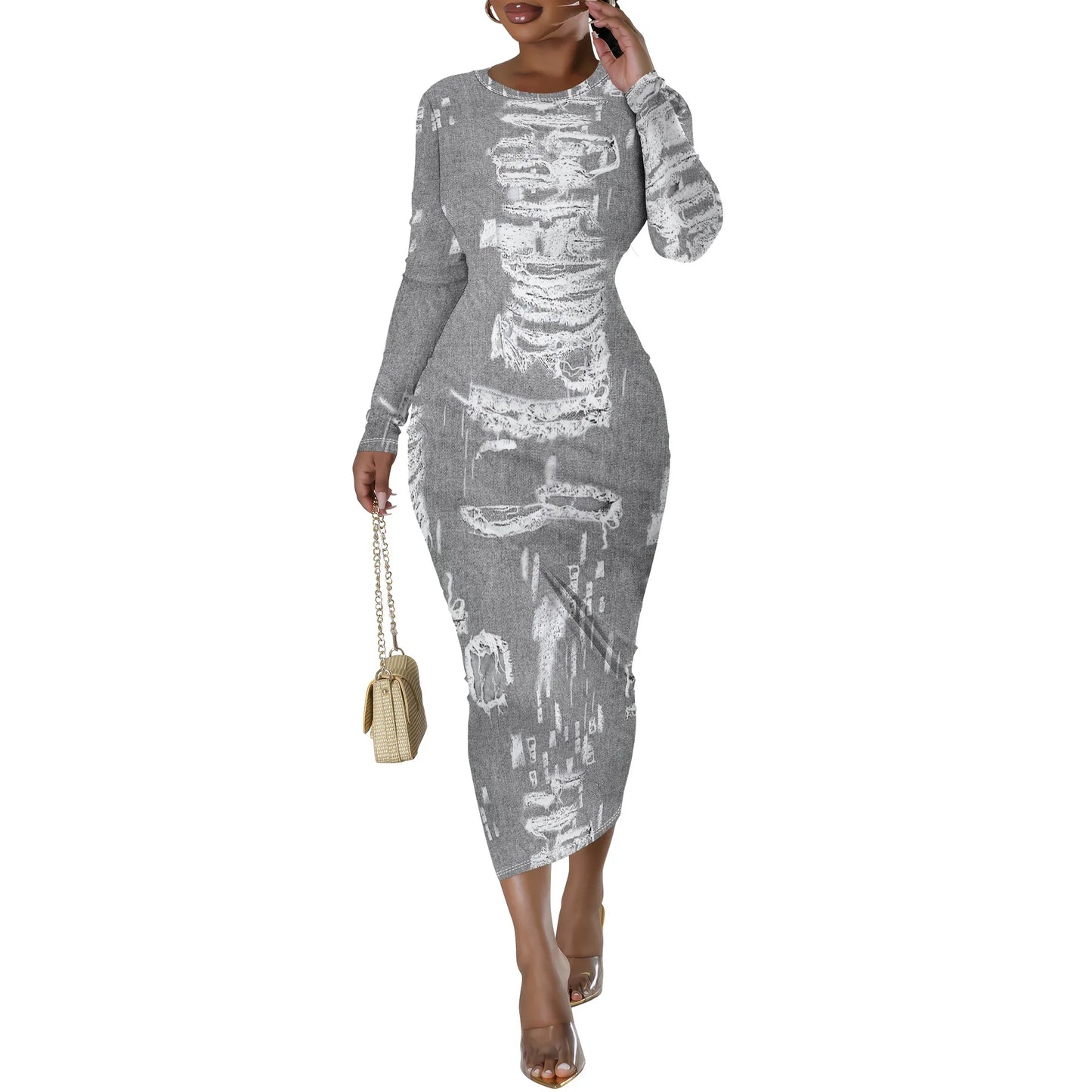 European and American women's fashion temperament casual print slim black dress