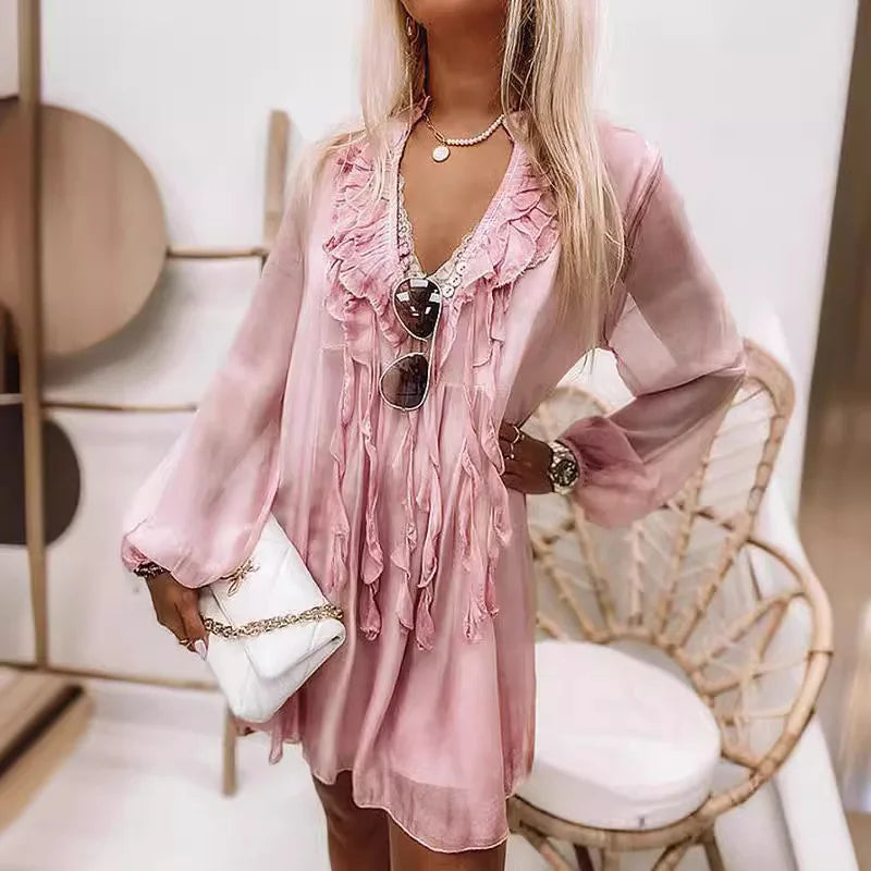 Women's Fashion Summer Beach Style Dress For Women Ruffles Tassel Tie Up Sexy V-neck Loose Solid Color Long Sleeves Dress Women SwiftNest