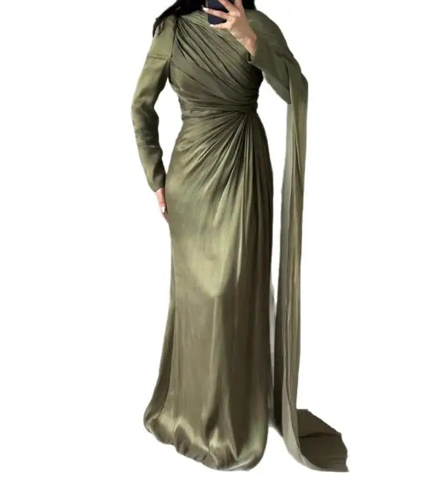 فستان نسائي عصري 2025، أحدث تصميمات المبيعات الساخنة، فستان نسائي أنيق غير منتظم، فستان أخضر ضيق