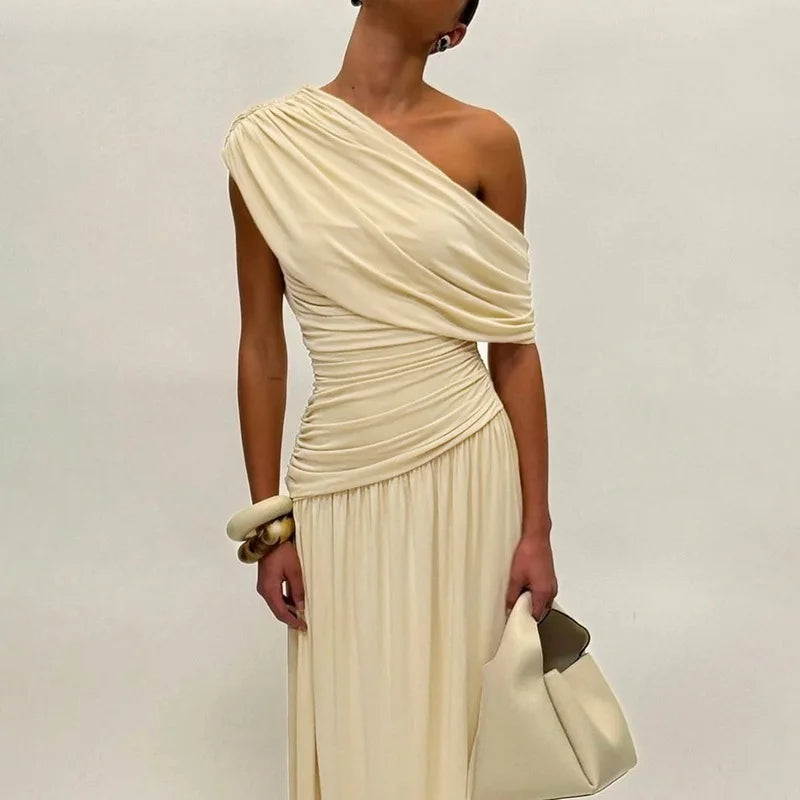 Women Fashion Hight Waist Pleat Solid Party Dress Summer Sexy Sleeveless Slim Maxi Dress Elegant Slant Neck Irregular Long Dress