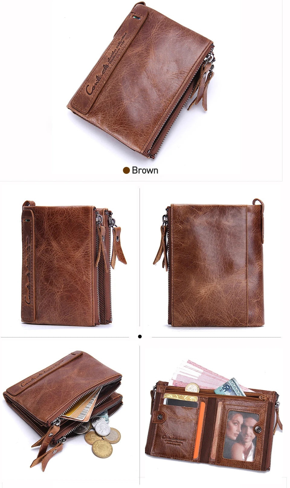 محفظة قصيرة من الجلد الأصلي للنساء من CONTACT'S، حامل بطاقات فاخر بتصميم محفظة عملات معدنية ومشبك نقود ومحفظة صغيرة للنساء والرجال