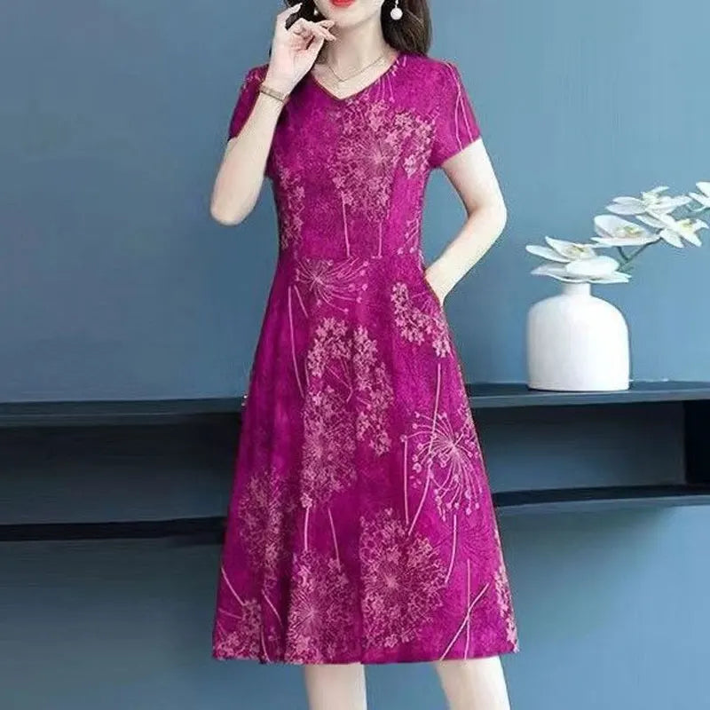 Women's Clothing Fashion Short Sleeve Midi Dress Vintage Printed 2025 Summer A-Line Waist Commute Elegant V-Neck Spliced Dresses SwiftNest