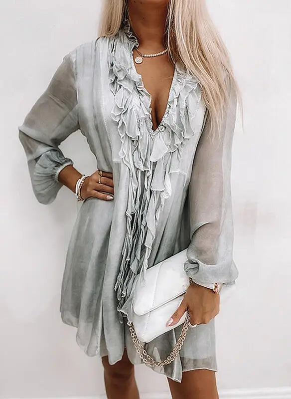 Women's Fashion Summer Beach Style Dress For Women Ruffles Tassel Tie Up Sexy V-neck Loose Solid Color Long Sleeves Dress Women SwiftNest