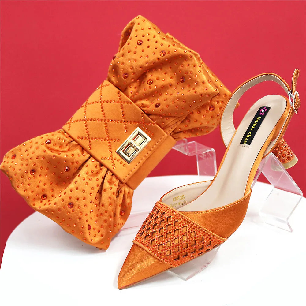 Latest Women Italian Shoes and Matching Bags Decorated with Rhinestone Elegant Pointed Toe Wedding Shoes Bride