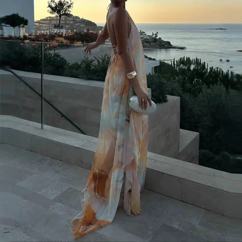 Women Fashion Pattern Print Loose Bohemian Dress Sexy Backless Hollow Party Dress Elegant Halter Sleeveless Vacation Long Dress