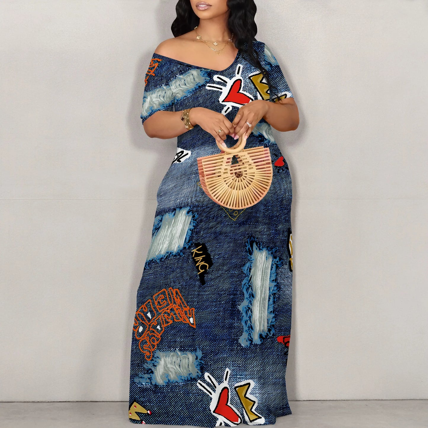 Women's Fashion  Printed Short Sleeve Long Dress Sexy Off Shoulder Backless Bodycon Split Cocktail Party Dress ﻿