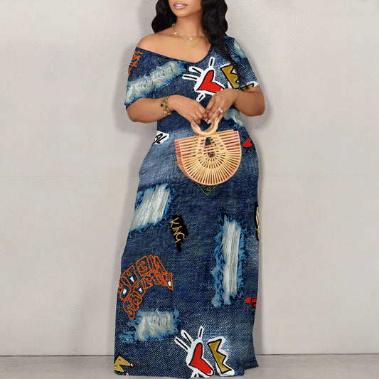 Women's Fashion  Printed Short Sleeve Long Dress Sexy Off Shoulder Backless Bodycon Split Cocktail Party Dress ﻿