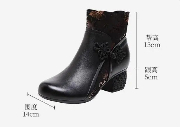GKTINOO Genuine Leather Ankle Boots 2025 Winter New Ethnic Printed Women's Boots Soft Soles Thick Heels Mother's Leather Boots