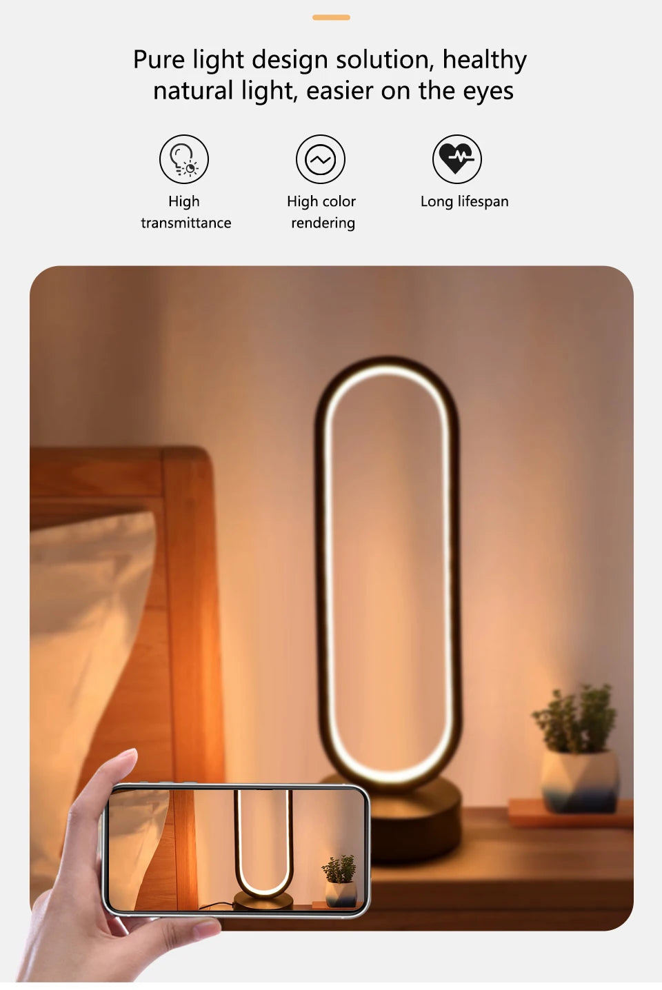 مصباح ليلي على شكل حلقة لغرفة النوم وغرفة المعيشة ومصباح سرير قابل للتعتيم بثلاثة ألوان ومصباح ليلي LED وإضاءة محيطة وطاولة بجانب السرير وملحقات الطاولة