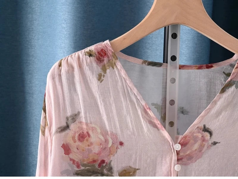 2025 Autumn clothes woman French fashion v neck rose floral print shirts and blouses for women vintage ladies tops