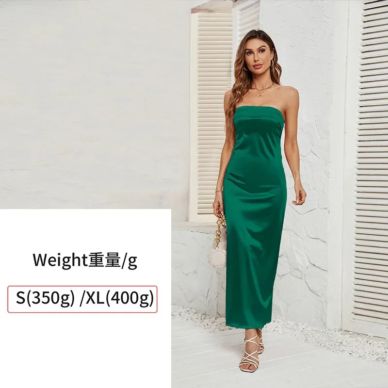 2025 New Fashion Women Sexy Dress Solid Color Wrapp Chest Elastic Backless Satin Dresses Casual Summer Bodycon Dress Party Dress
