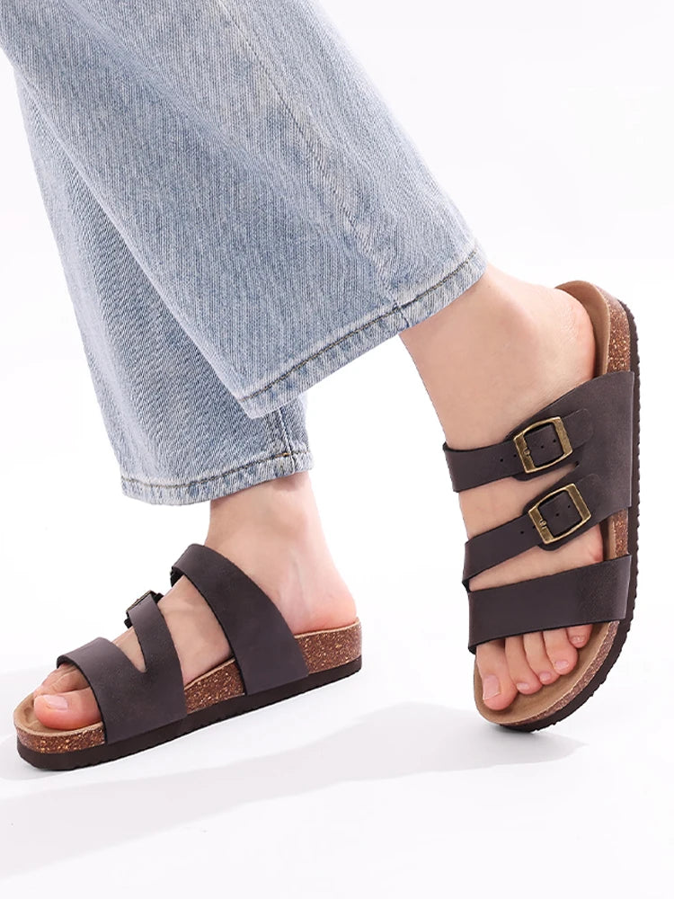 Comwarm Women New Clogs Slippers Summer Fashion Open Toe Beach Shoes With Double Buckle New Cork Footbed Mule Sandals Home Slide