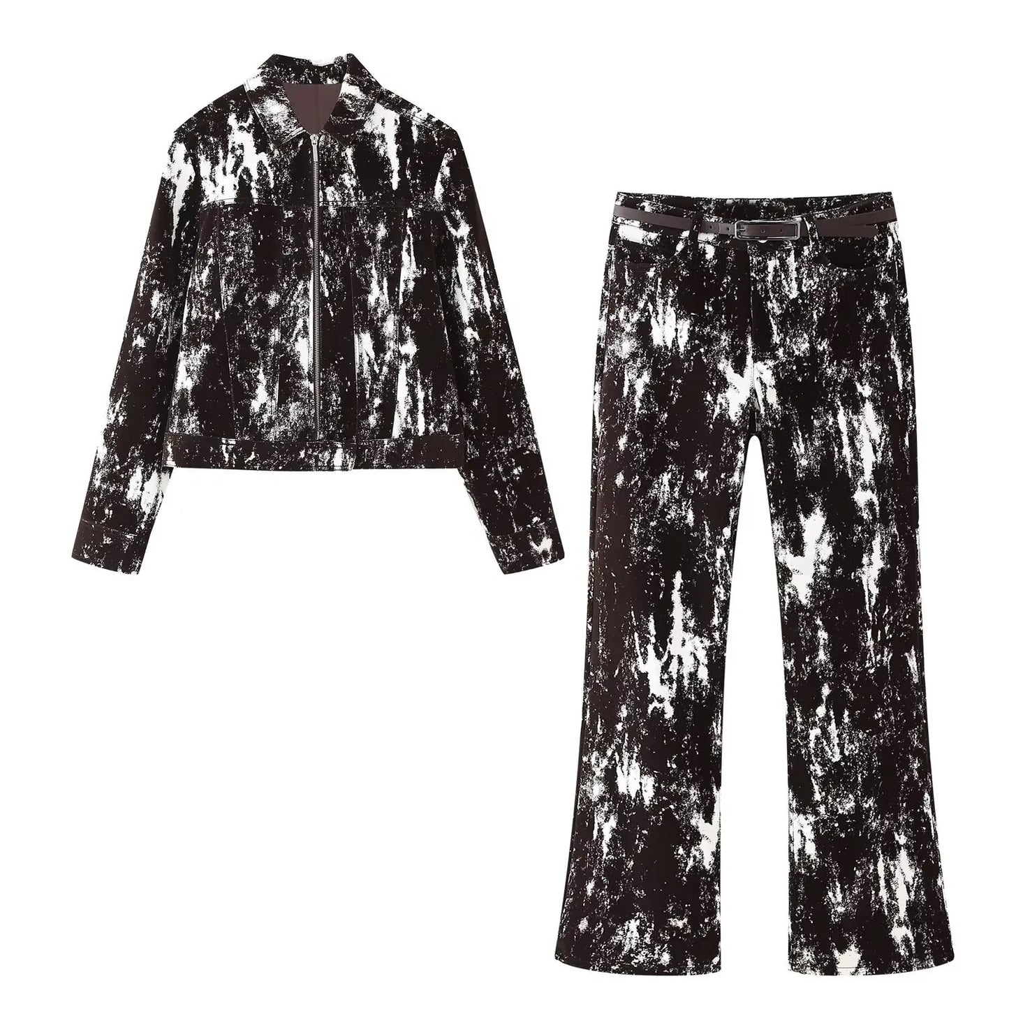 Womens Fashionable Black and White Patterned Jacket and Wide Leg Pants Set Stylish Outfit for Daily Wear