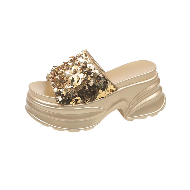 Aphixta Platform Sequined Cloth Sandals Slippers Women 8CM High Wedge Slides Women Shoes Gold Beach Slides Shoes