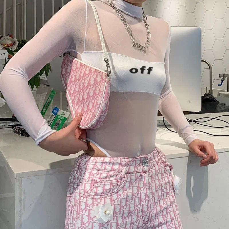 Fashion Trends Women Clothing Corset Top One-Pieces Bodysuit Sexy Long Sleeve See Through Body Feminino Gauze Patchwork Bustier