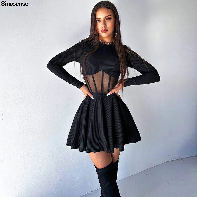 Women Fall Fashion A Line Dress Long Sleeve Crew Neck Stunning Mesh Splicing Corset Dress Y2K Going Out Night Club Party  Dress SwiftNest