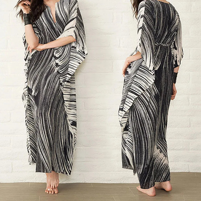 Women's Dress Fashion Beach Vacation Striped Printed Robe 2023 Summer New Casual Vintage Loose Waist V-Neck Long Dresses Female
