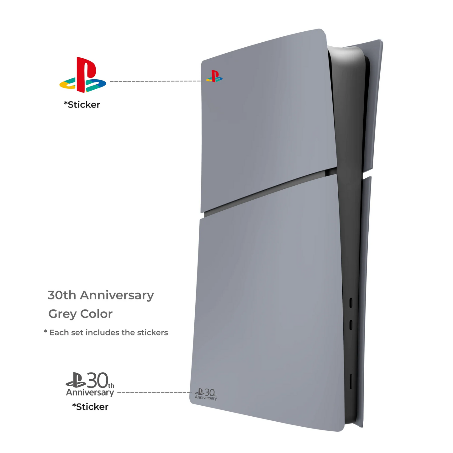 DIY Decoration Accessories Faceplate Replaceable 30th Anniversary Grey Side Shell Panels with Logo Sticker for PS5 Slim Console