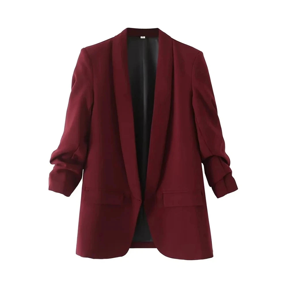 Women Fashion Office Wear Open Blazer Coat Vintage Long Pleated Sleeves Flap Pockets Female Outerwear Chic Tops