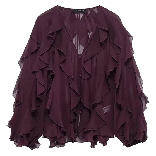 2025 New Fashion Sexy Women Translucent Ruffles Blouses V-neck Single Breasted Tierred Causal Tops Beach Style Solid Shirt SwiftNest