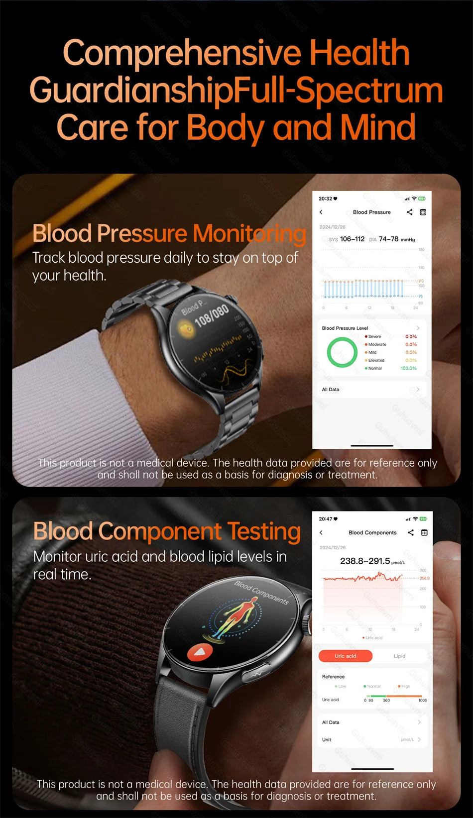 Sapphire 2025New Health managed Smart Watch Health measure Blood Fat Uric Acid Call ECG+PPG blood pressure Health Smartwatch IOS