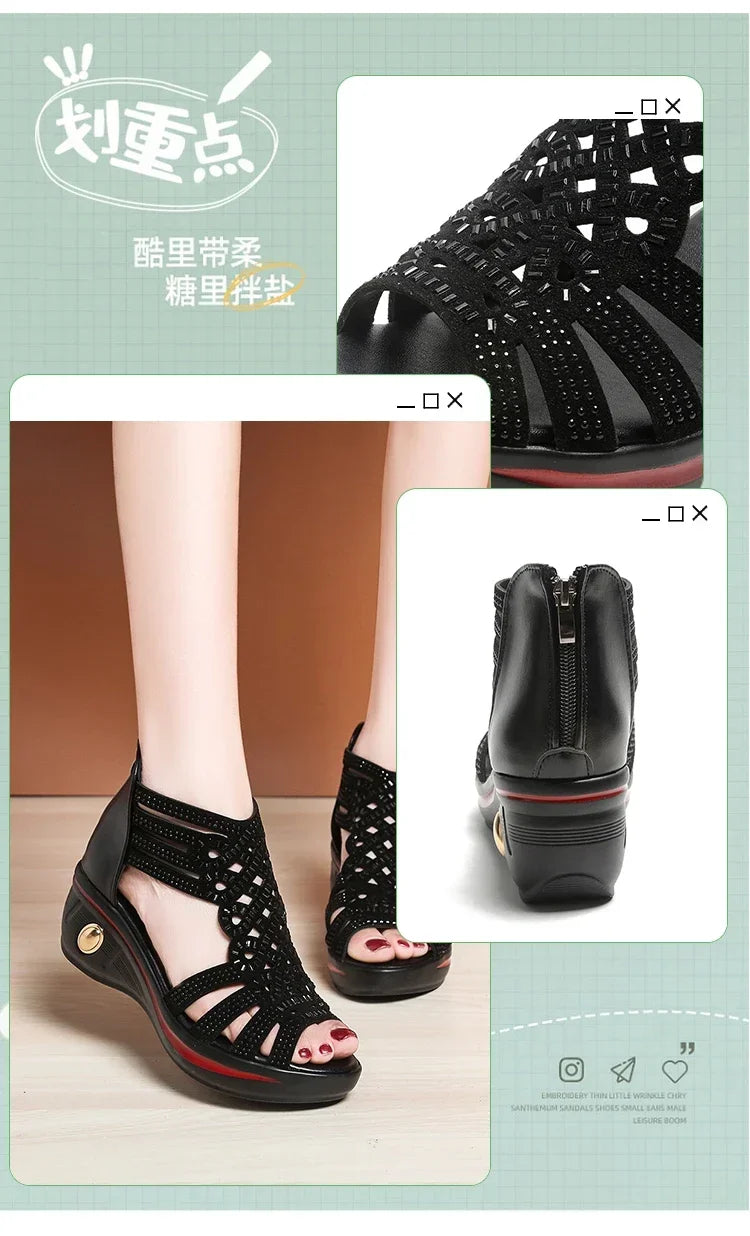 2024 New Fashion Wedge Sandals Women Summer Shoes Elegant Ladies Rome Hollow Out Sandals Female Sandalias Black Wedge Heels
