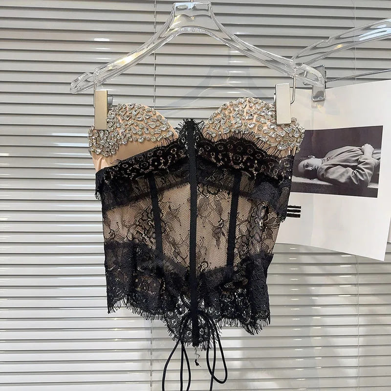 Women Versatile Fashion Outwear Vest 2025 Summer New Heavy Industry Rhinestone Nail Drill Fishbone Strapless Camisole