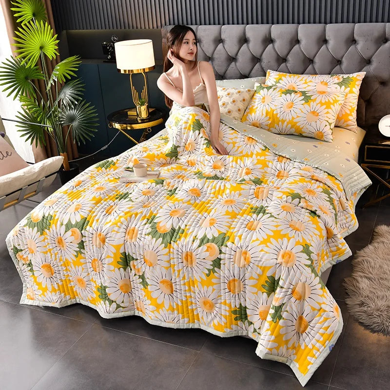 لحاف صيفي من القطن المغسول، لحاف مكيف للهواء، بطانية ناعمة وجيدة التهوية، مفرش سرير مطبوع عليه أوراق رقيقة، غطاء سرير، منسوجات منزلية