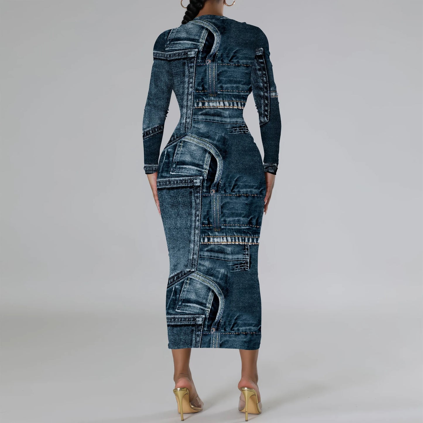 European and American women's fashion temperament casual print slim black dress