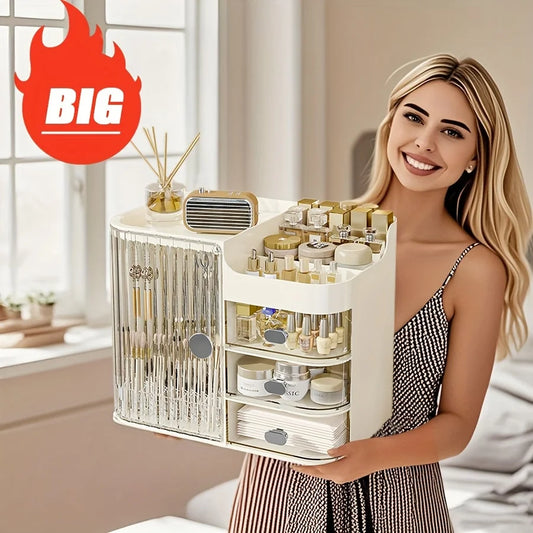 صندوق تخزين مستحضرات التجميل وصندوق تخزين منتجات العناية بلون بيج فاتح، حلٌّ عالي السعة لتخزين مستحضرات التجميل.