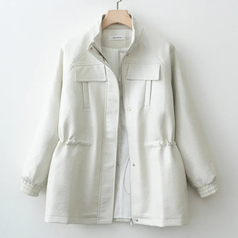 جاكيت نسائي من الجلد الصناعي لخريف/شتاء 2025 مع خصر مطاطي قابل للتعديل ومعطف نسائي وملابس خارجية