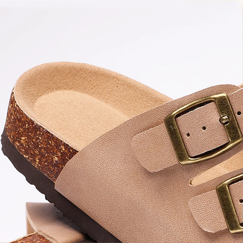 Comwarm Women New Clogs Slippers Summer Fashion Open Toe Beach Shoes With Double Buckle New Cork Footbed Mule Sandals Home Slide