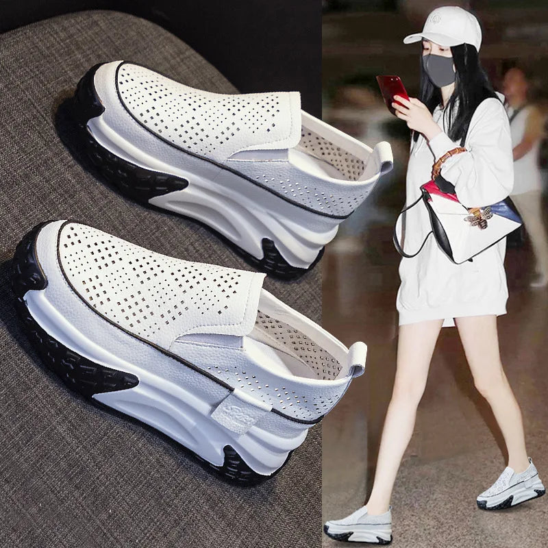 Fujin 7cm Genuine Leather Women Vulcanized Platform Wedge Chunky Sneaker Casual Stable Fashion Skate Boarding High Brand Shoes