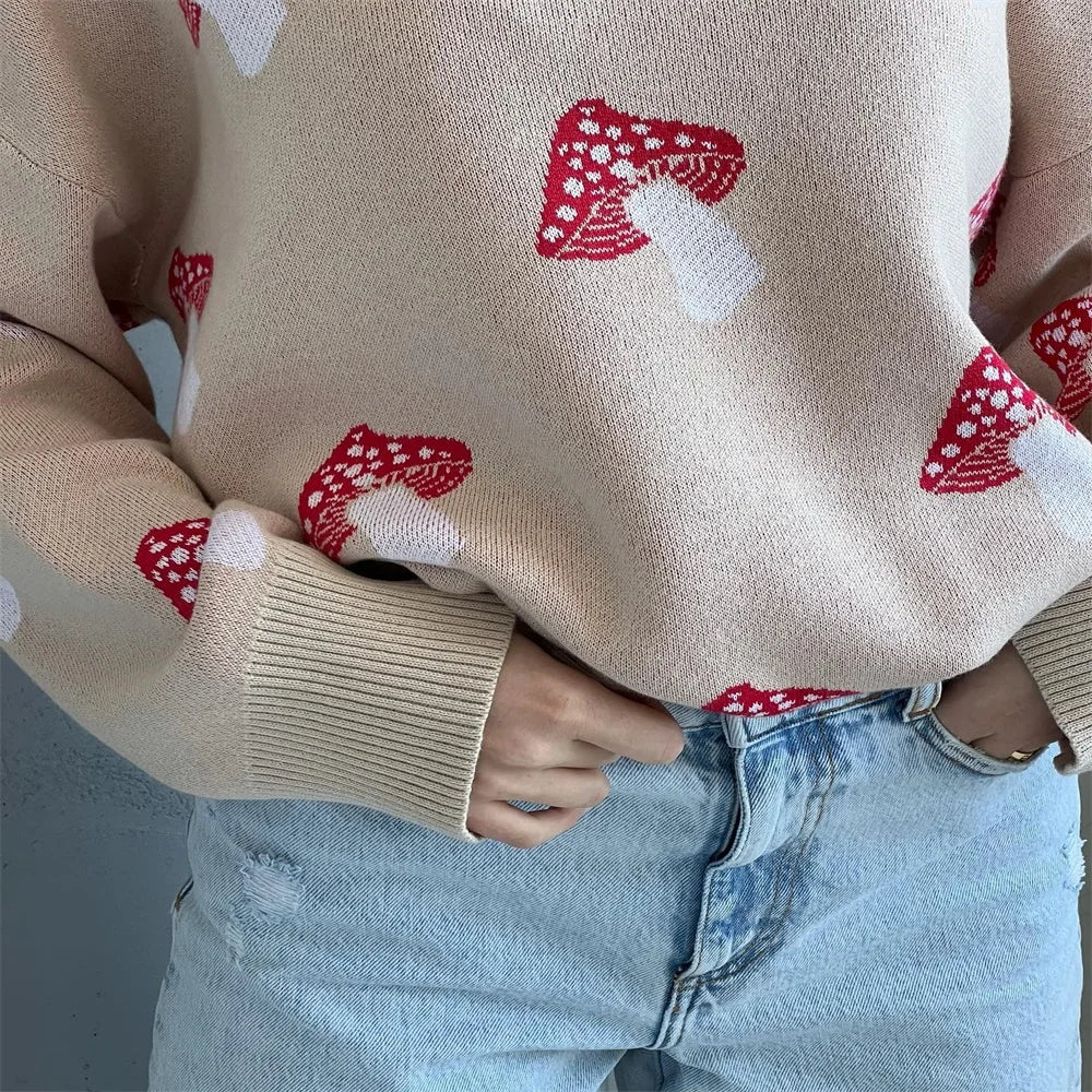 Women's Clothing Trend 2024 New Fashion Mushroom Graphic Print Sweater Long Sleeve Plus Size Tops Loose Casual Street Pullovers