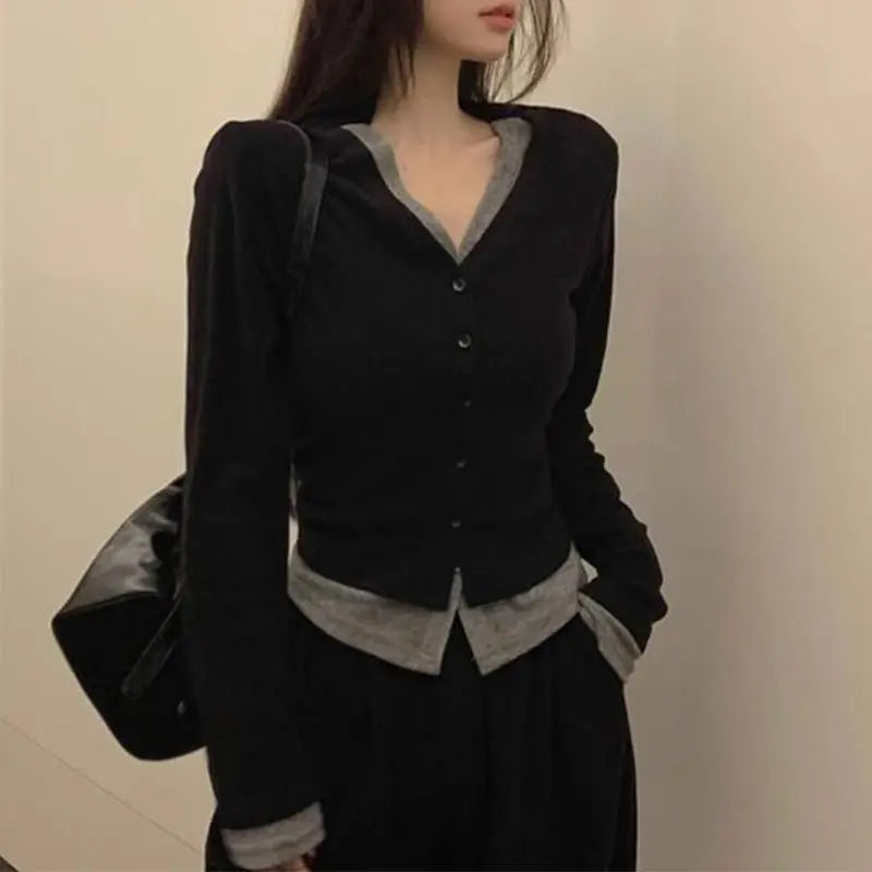 Women's Clothing Fashion All-match Fake Two Pieces T-shirt Spring New Solid Patchwork Long Sleeve Tops Office Lady Knit Tunic