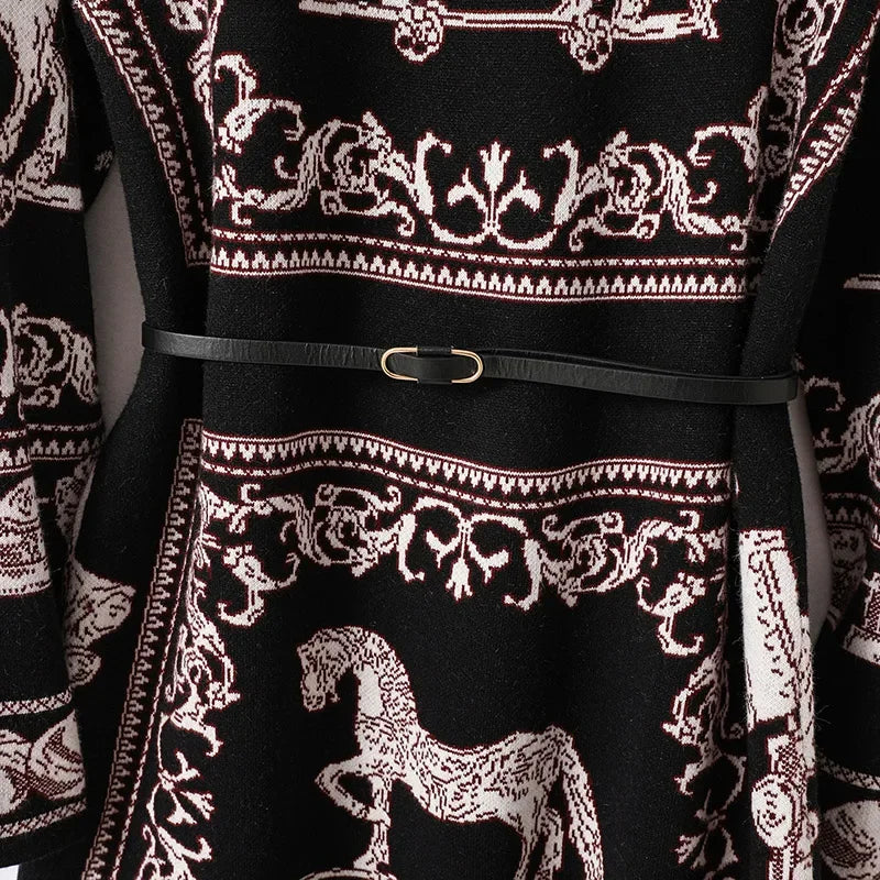 Women's Clothing Fashion Vintage Jacquard Knitted Dresses Autumn Winter Loose O-neck Thick Warm Elegant Dresses