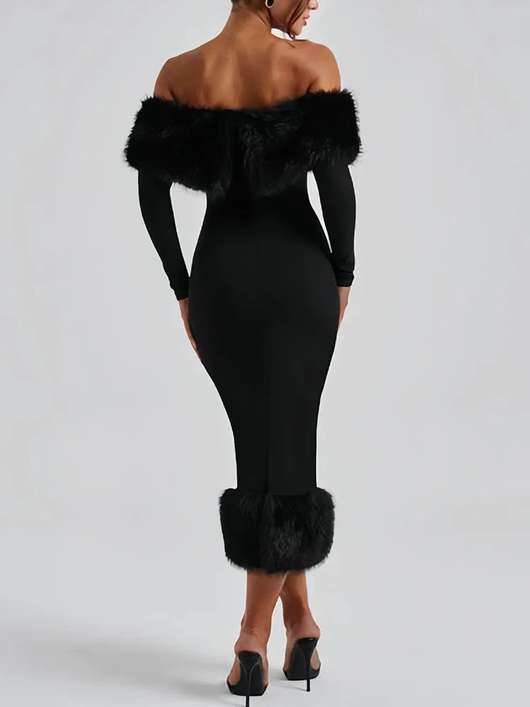 Women's clothing 2025 autumn and winter new fashion fur collar long sleeved temperament slim evening dress dress