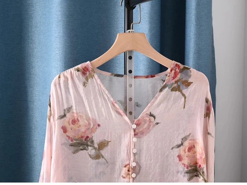 2025 Autumn clothes woman French fashion v neck rose floral print shirts and blouses for women vintage ladies tops
