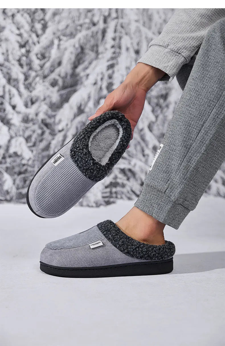 Litfun Winter Men Cotton Shoes Warm Fleece Lined Outdoor Fashion Fuzzy Slides Indoor Antiskid Short Plush Female House Slippers