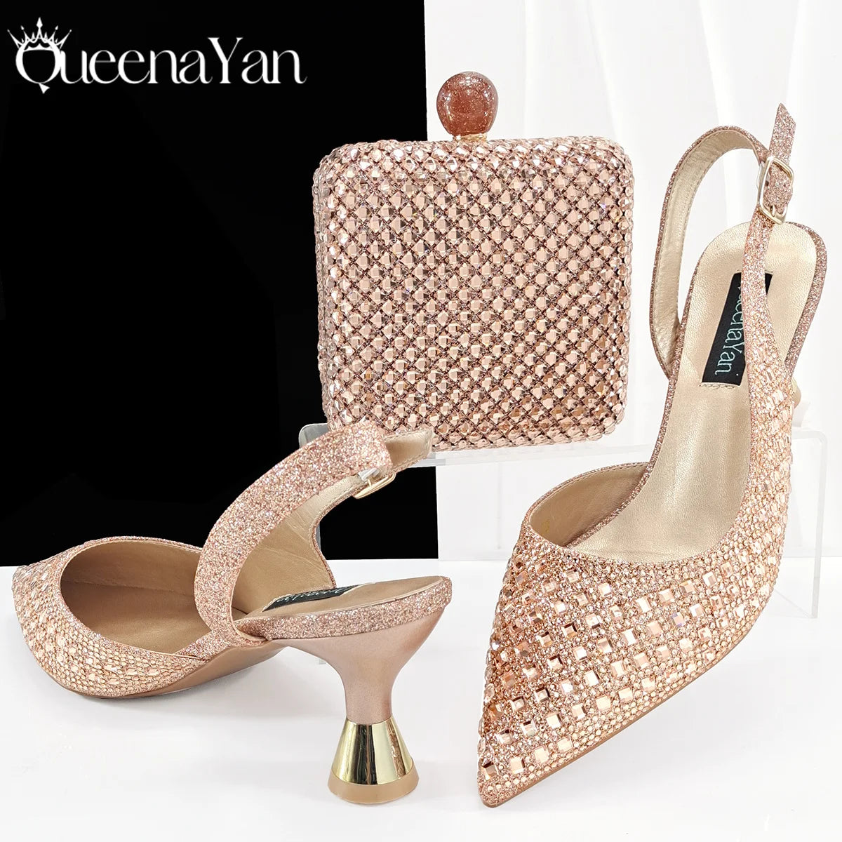 Queena Yan Italian Design Rhinestone Luxury Green Colour Pointed Toe Shoe & Bag Set Women's High Heels for Parties High Quality