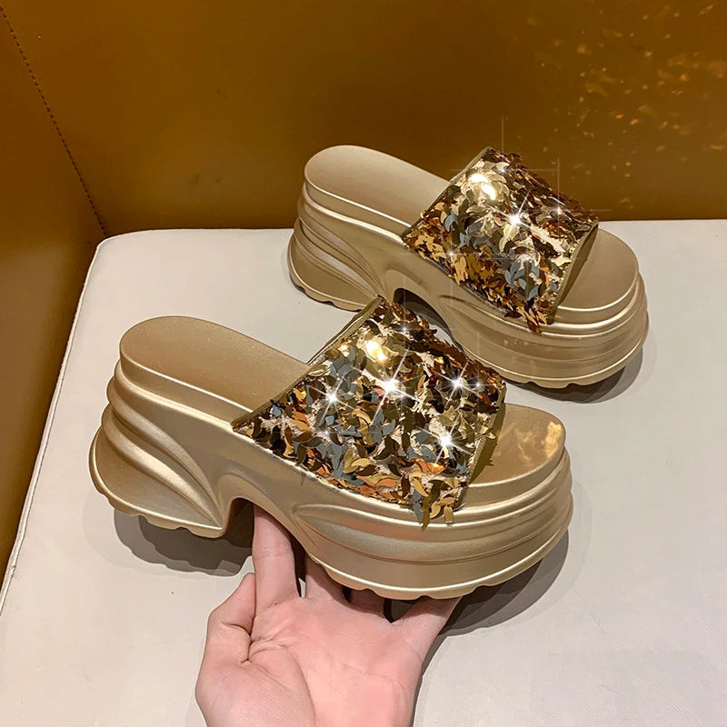 Aphixta Platform Sequined Cloth Sandals Slippers Women 8CM High Wedge Slides Women Shoes Gold Beach Slides Shoes
