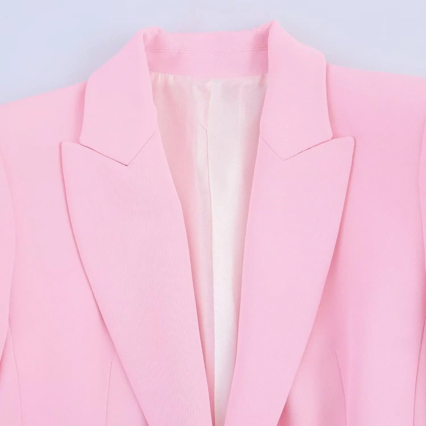 Women Fashion Pink Sets Turn-Down Collar Long Sleeves Single-Breasted Feather Blazer+High Waist Pocket Zipper Long Pants
