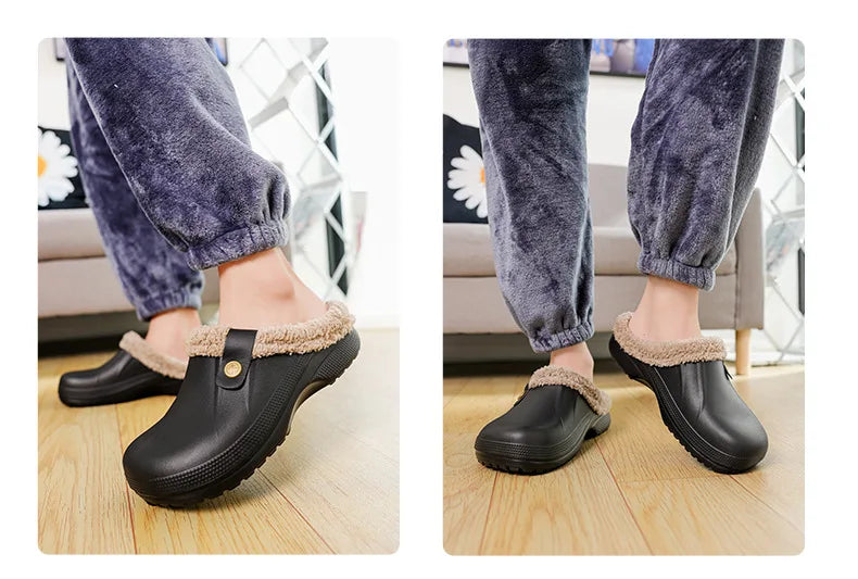 Waterproof Mule Clogs Men Slippers Winter Warm Unisex Fur Slippers House Room Slippers Trend Indoor Floor Shoes Slides For Women