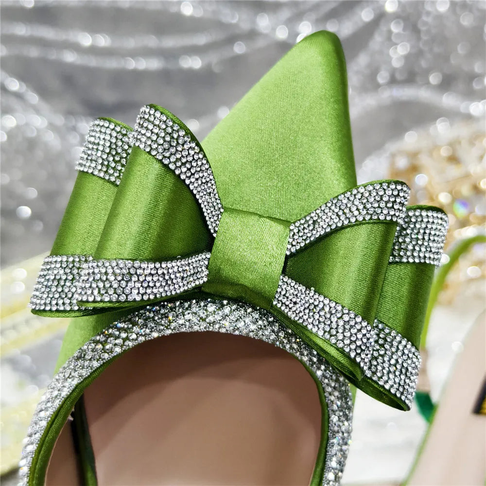 مجموعة أحذية وحقائب يد مدببة بمقدمة مدببة باللون الأخضر الزيتوني، أحذية بكعب متوسط ​​للنساء، مطرزة بأحجار الراين بتصميم إيطالي