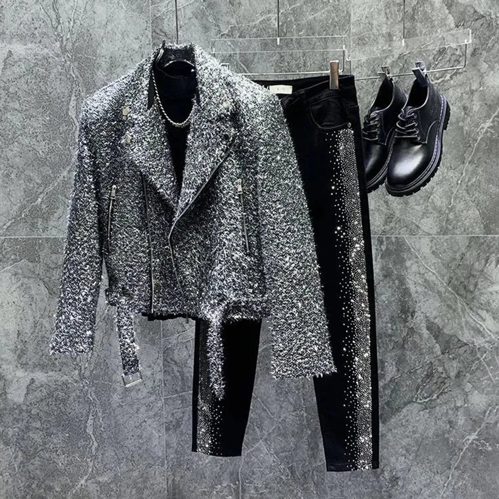 Mens Jacket Fringe Shiny Casual Performance Clothes Streetwear Fashion Youth Campus Trend Male Long-Sleeve Top Men'S Clothing