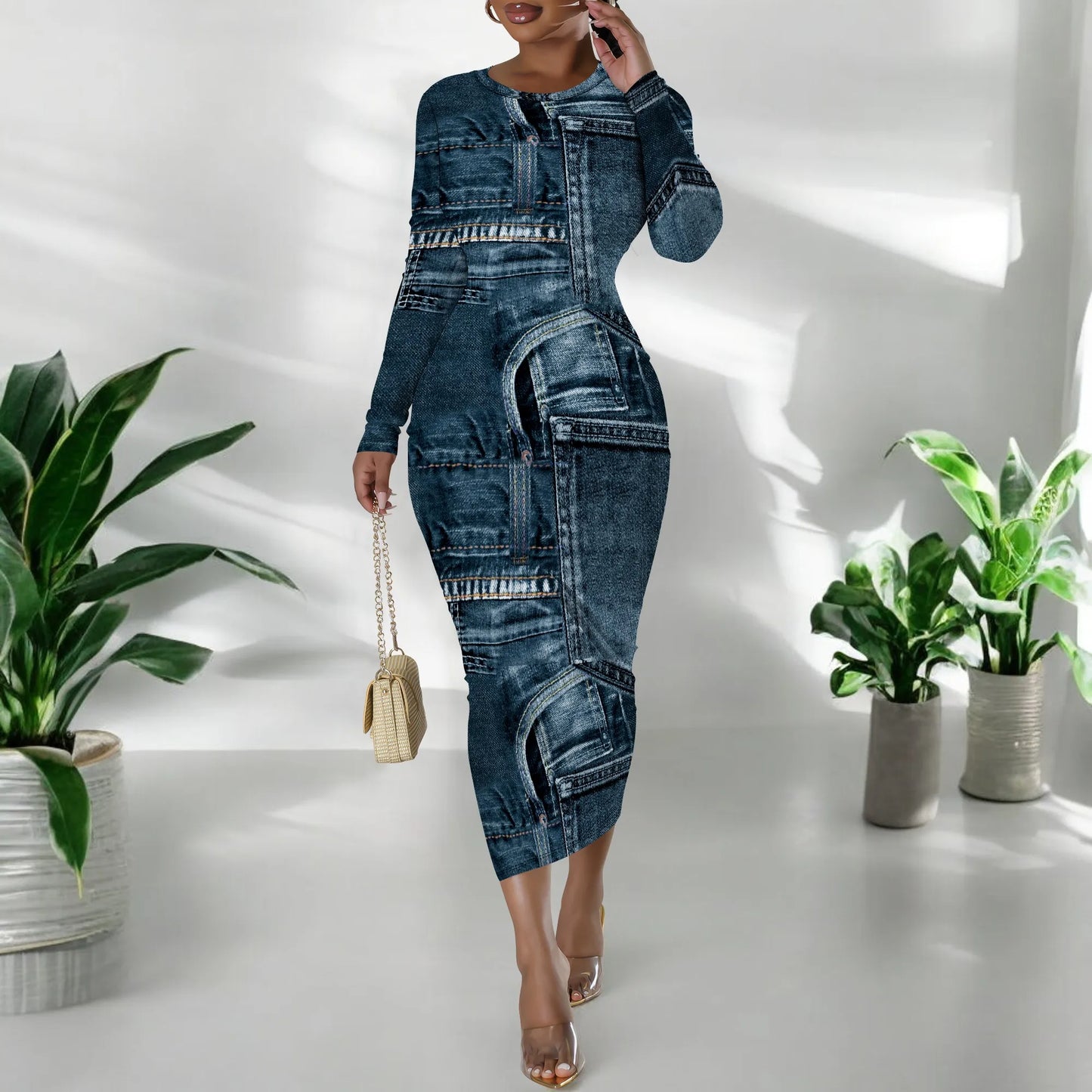 European and American women's fashion temperament casual print slim black dress