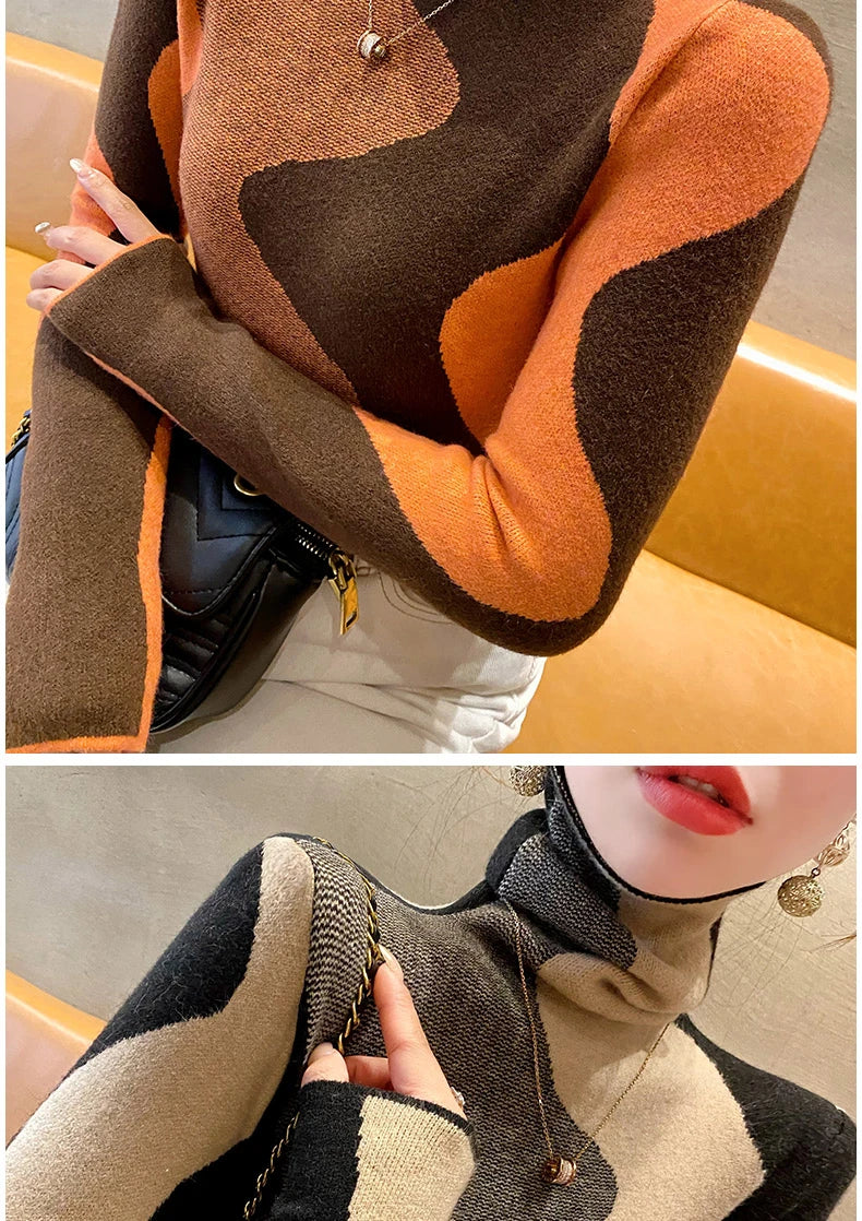 Women Clothing Vintage Fashion Slim Turtleneck Sweaters Autumn Winter Elegant Chic Patchwork Knit Pullovers Office Lady Tops