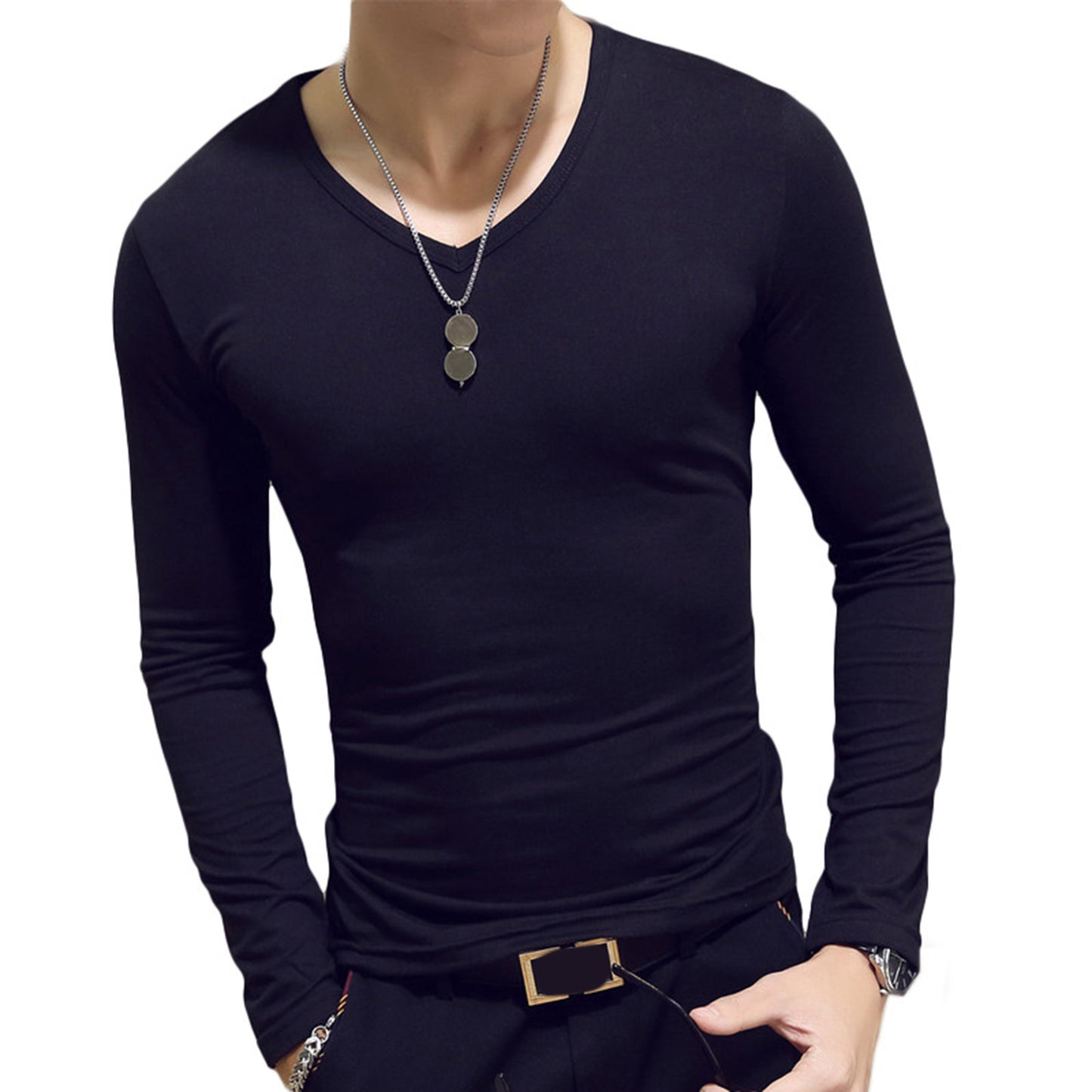 Mens Clothing Fashion V Neck Slim Fit T-shirt Long Sleeve Simple Classic Style Undershirt Casual Solid Color Tees Tops