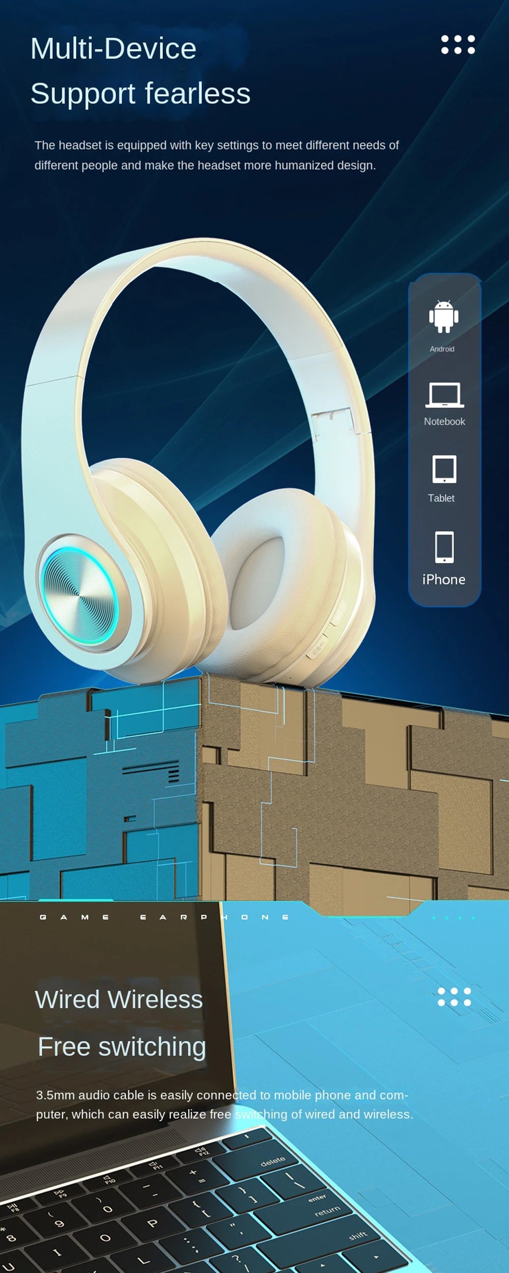 Headphones Bluetooth Headsets Gamer Surround Sound Stereo Wireless Earphone USB W/ MicroPhone Colourful Light PC Laptop Headset